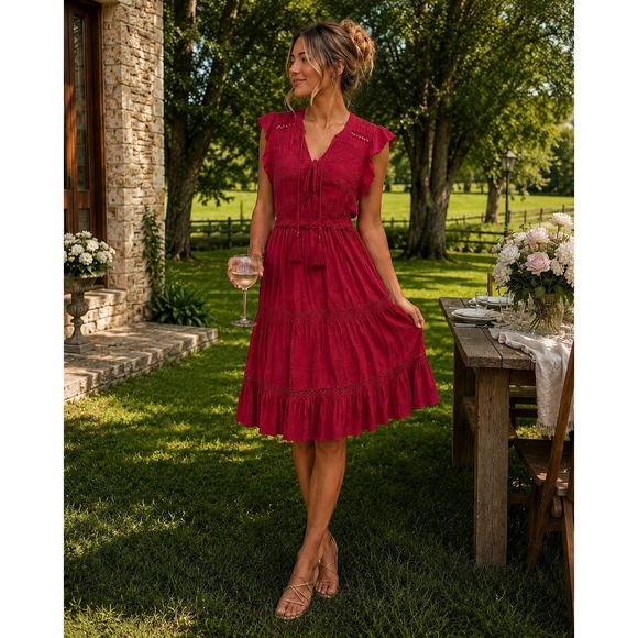 Knox Rose Dresses & Skirts - Knox Rose Womens Red Crochet Lace Tiered Boho Mini Dress Flutter Sleeve Medium